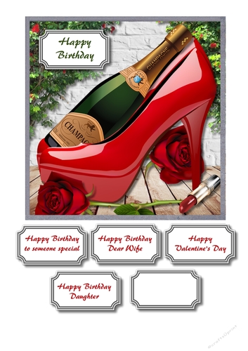 Birthday or Valentine red shoes, champagne and roses