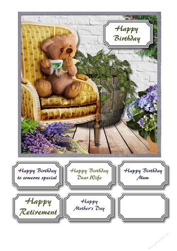 Teddy on chair surrounded by flowers