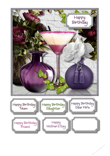 Plum and purple flowers, cocktail, vase and perfume