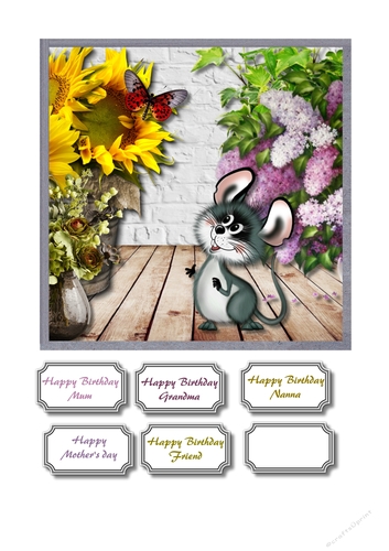 Cute mouse with flowers and a butterfly
