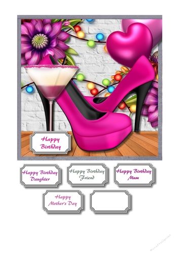 Ladies card front with shoes and flowers