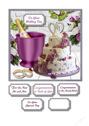 Lovely wedding day card front in shades of lilac and purple