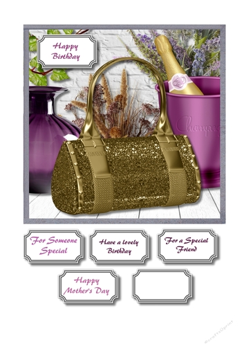 Champagne, handbag and flowers