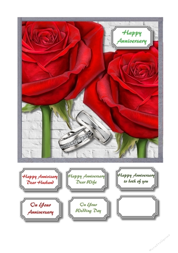 Anniversary or Wedding card topper with red roses and wedding rings