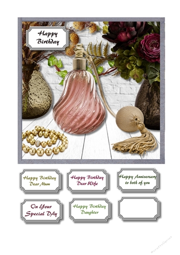 Perfume, flowers and beads card topper