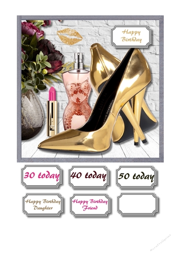 Gold shoes, flowers, lipstick and perfume