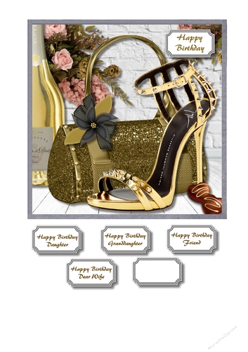 Gold bag, shoes and flowers