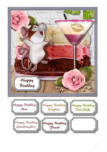 Birthday cake, cocktail,flowers and cheeky mouse