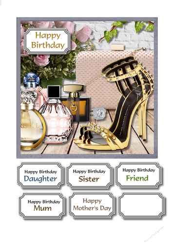 Gold shoes, evening bag and perfumes