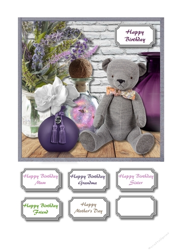Teddy with purple accessories