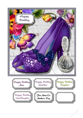 Purple butterfly shoes, perfume and floral corner