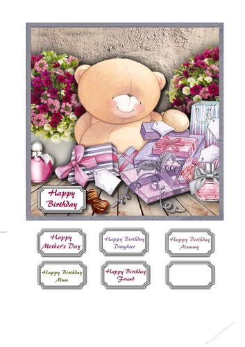 Forever friends bear surrounded by gifts and flowers