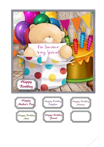 Forever friends bear in gift box with balloons, cake and bunting