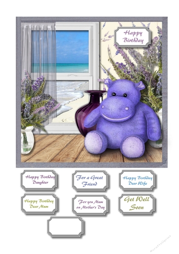 Soft toy hippo on window ledge with sea view