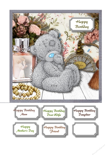 Tatty teddy with perfume and flowers with a vintage look