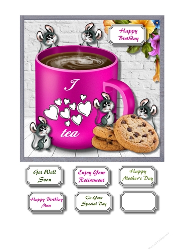 cerise cup of tea surrounded by cheeky litte mice