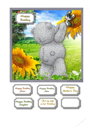 Tatty teddy helping little mouse down from sunflower