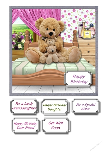 Three teddies sat on bed
