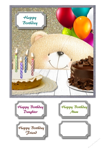 Forever friends bear with birthday cakes and balloons