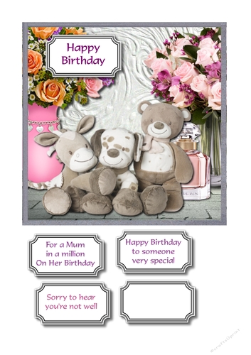 Birthday, get well, mothers day cute card topper with teddies and flowers