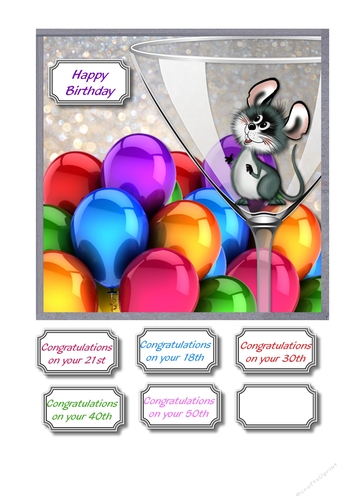 Milestone birthday with mouse in champagne glass surrounded by balloons