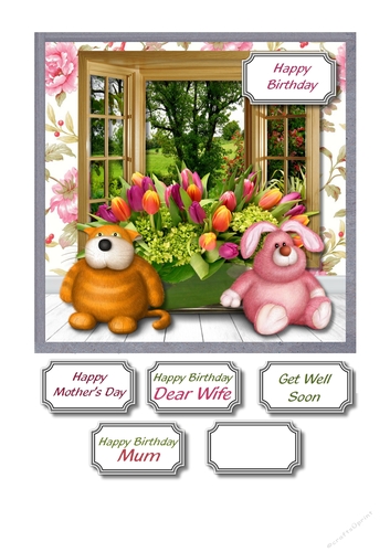 Cuddly toys and flowers card topper