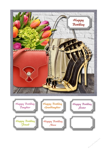 Girly card front with bags, shoes and flowers