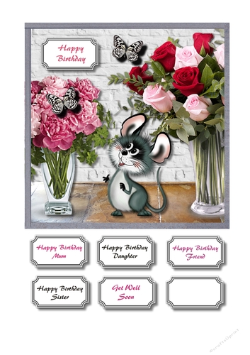 Flowers and mouse birthday or get well card topper
