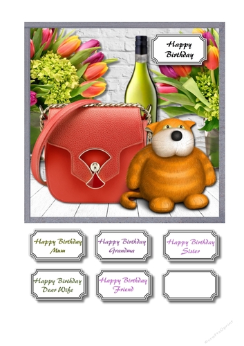 Soft toy, bag wine and flowers