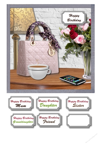 Ladies bag, phone and flowers on table