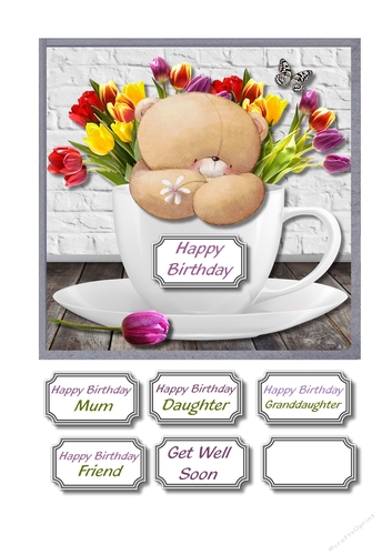 Forever friends bear in teacup with tulips