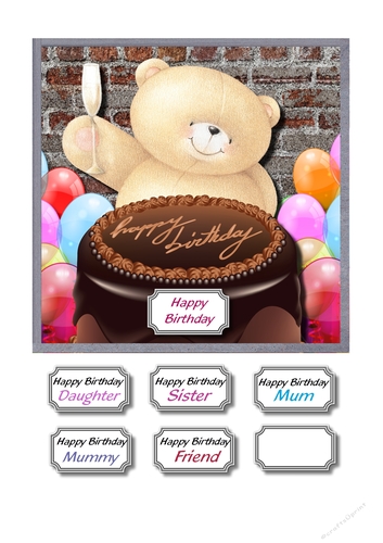 Forever friends bear with chocolate cake and balloons