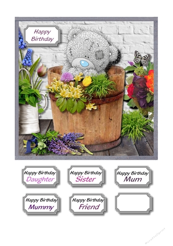 Tatty teddy in barrel with flowers