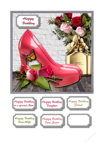 Pink shoes, perfume and roses