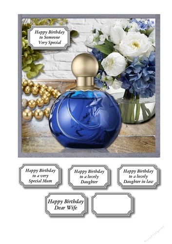 Blue perfume, flowers and gold beads