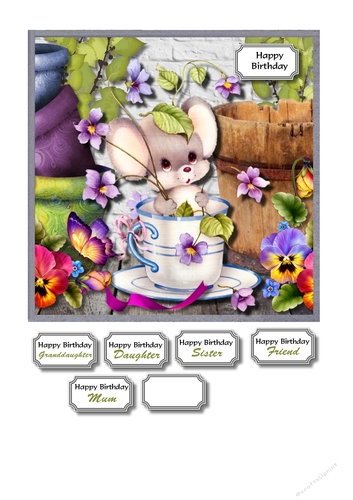 Mouse in cup with pansies