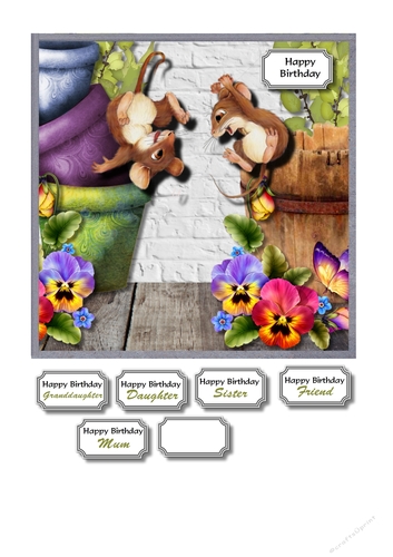 Playful mice with pansies