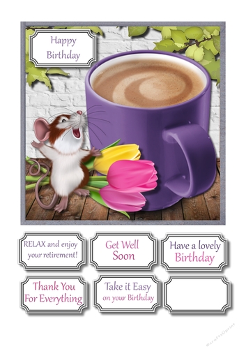 Coffee cup and tulips card front for many occasions