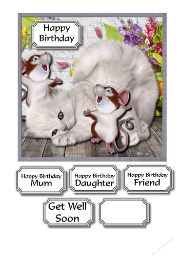 Cute cat with mice and flowers