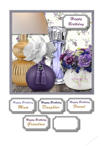 Vase of flowers and perfumes in lilac and purple shades