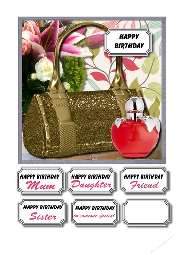 Gold glitter bag with perfume and flowers