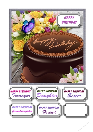 Chocolate birthday cake and flowers
