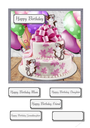 Pastel balloons and cake with cheeky mice