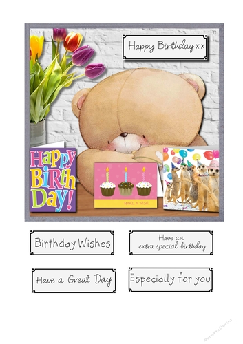 Forever friends bear with birthday cards and tulips
