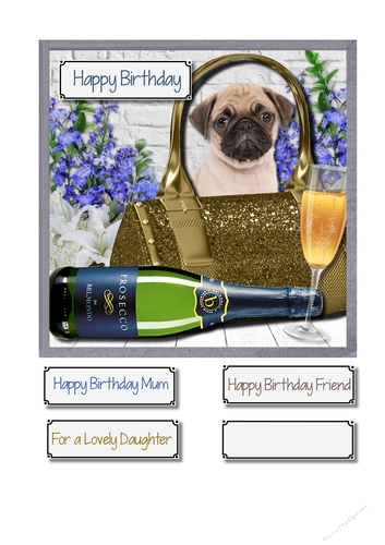 Prosecco, pug, flowers and bag