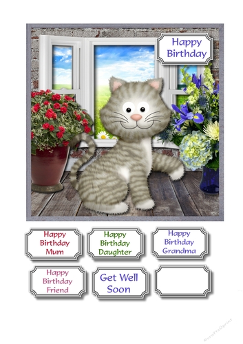 Cute cat with flowers for birthday or get well