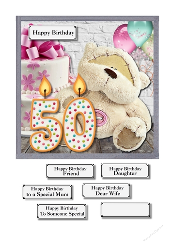 50th birthday card topper with bear, balloons and cake