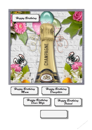 Champagne, flowers, balloons and mice card topper