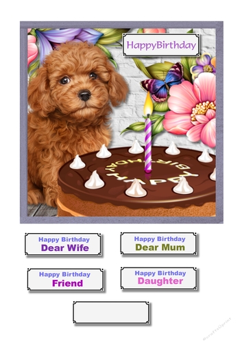 Birthday dog, cake and flowers