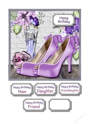 Lilac shoes, flowers and perfume